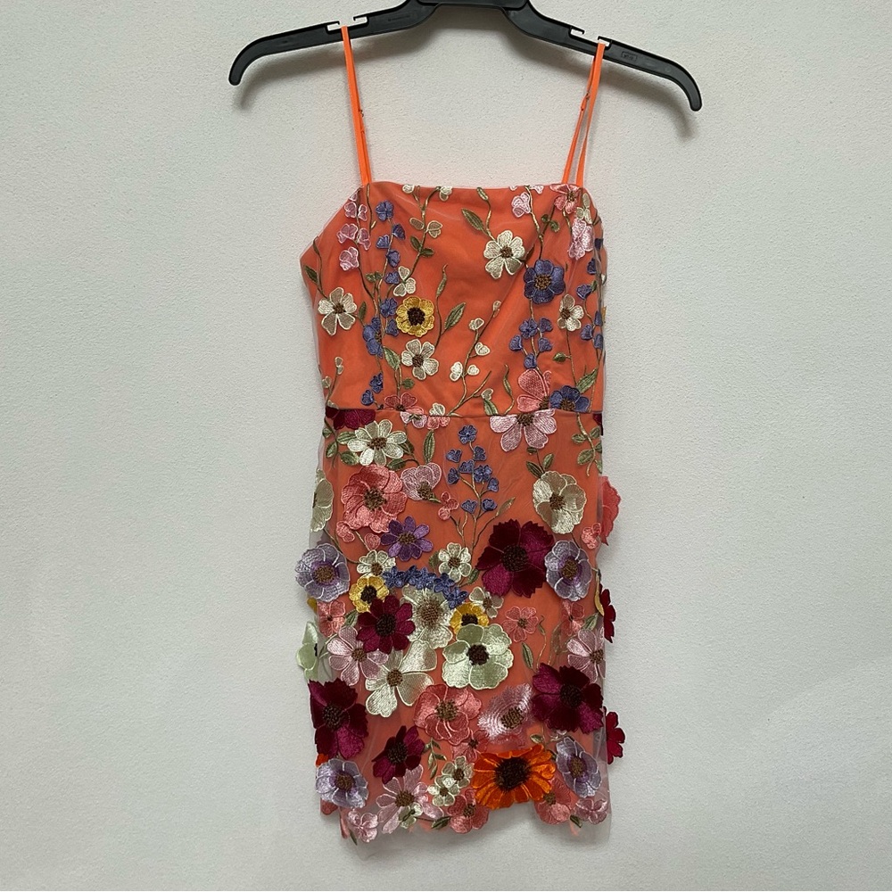 Flying Tomato Orange Spaghetti Strap Dress With 3D Flower Overlay Size Small